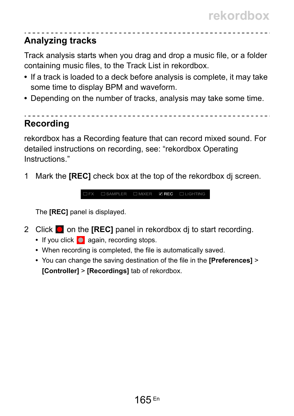 Rekordbox, Analyzing tracks, Recording | Pioneer Dj DDJ-200 SmDJ Controller for WeDJ and rekordbox User Manual | Page 165 / 181