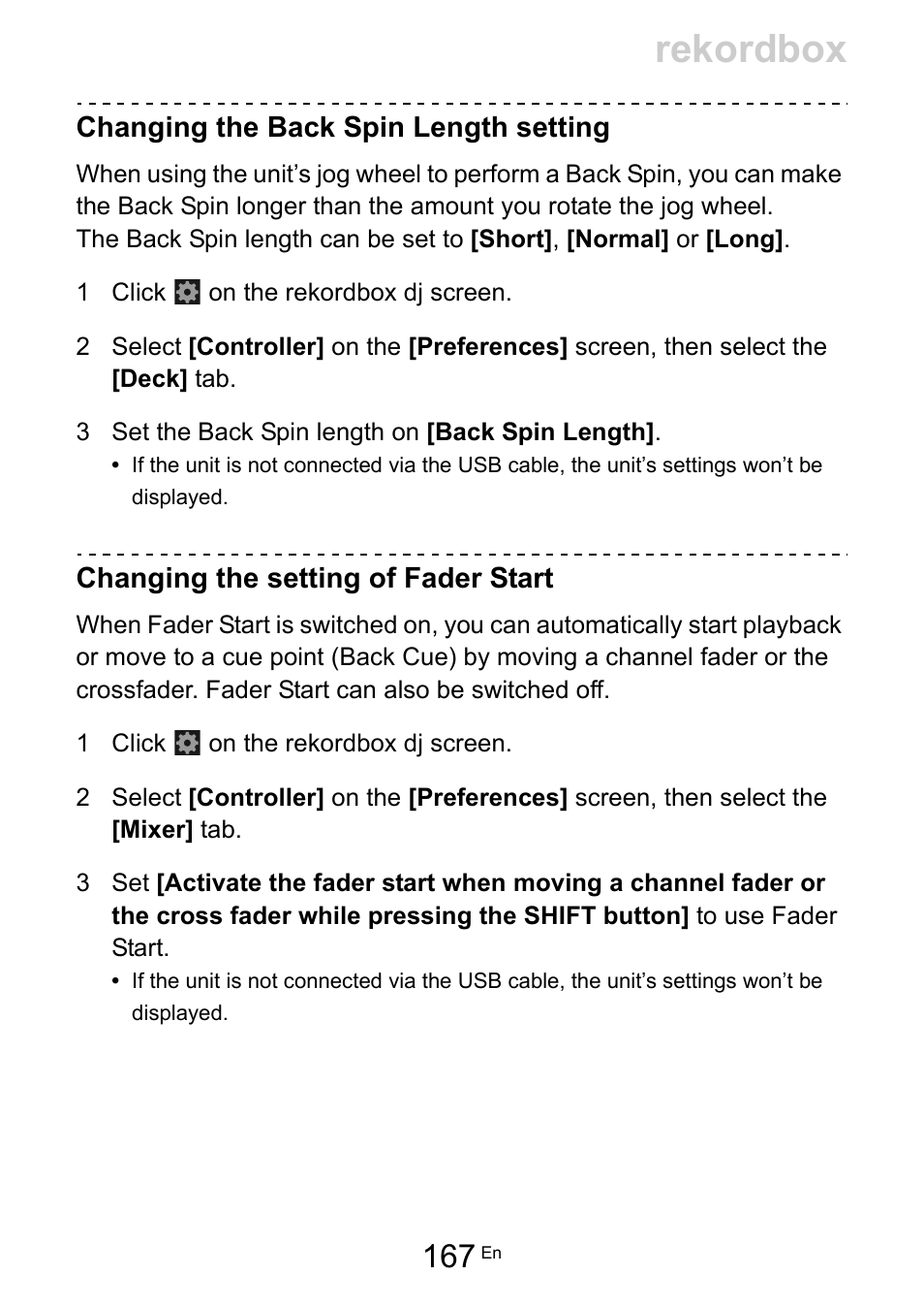 Rekordbox, Changing the back spin length setting, Changing the setting of fader start | Pioneer Dj DDJ-200 SmDJ Controller for WeDJ and rekordbox User Manual | Page 167 / 181