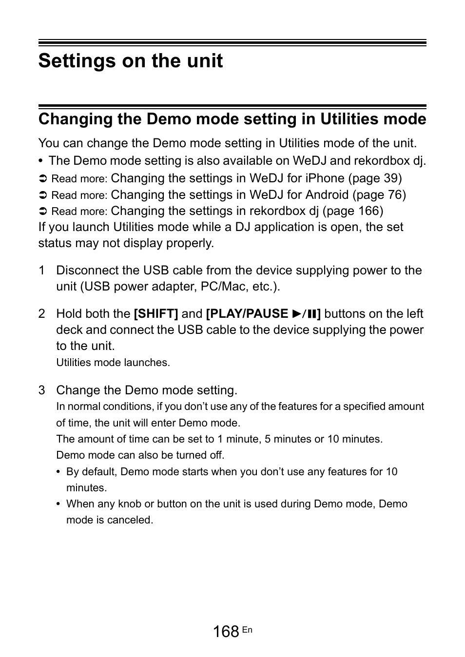 Settings on the unit, Changing the demo mode setting in utilities mode | Pioneer Dj DDJ-200 SmDJ Controller for WeDJ and rekordbox User Manual | Page 168 / 181