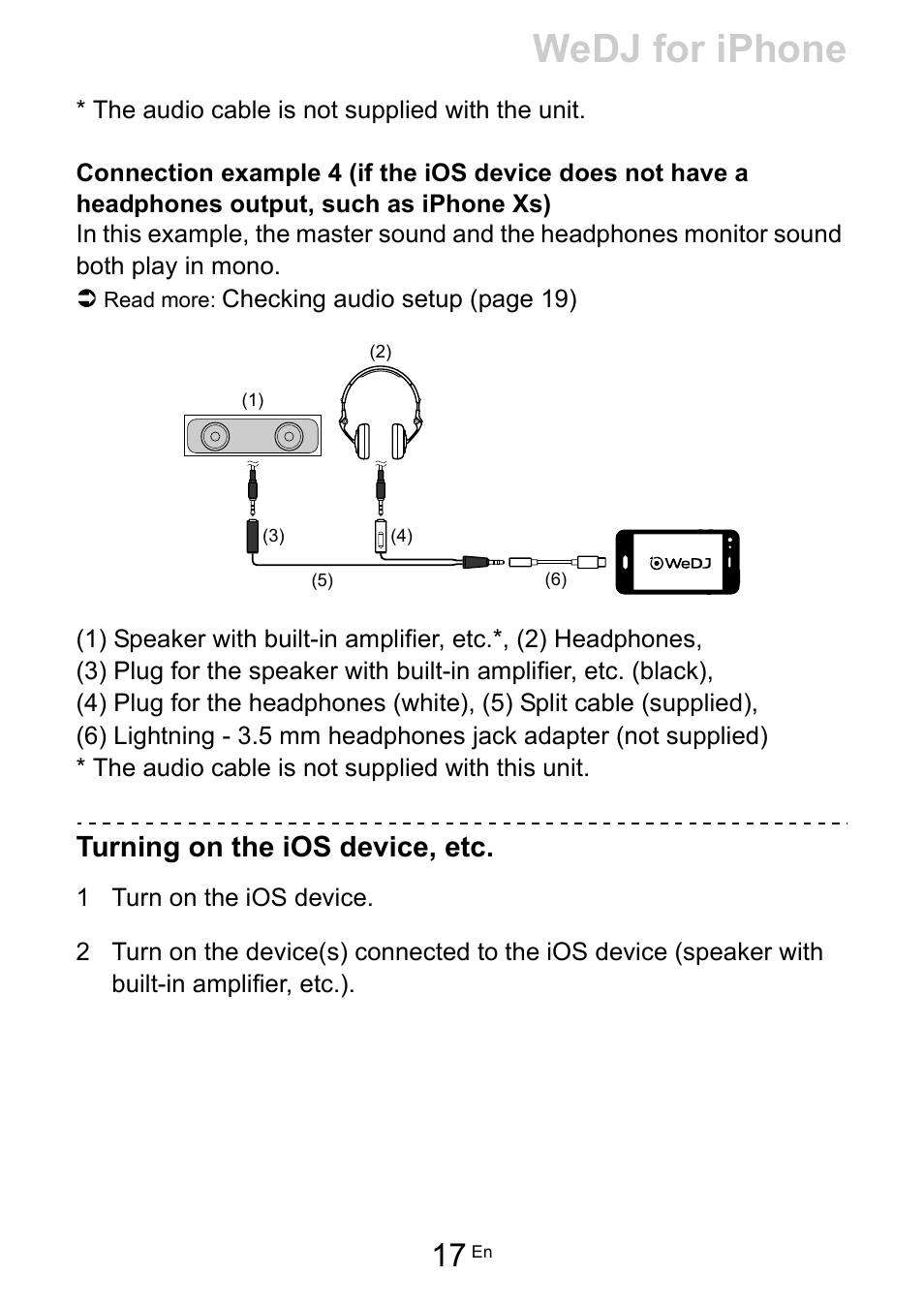 Wedj for iphone, Turning on the ios device, etc | Pioneer Dj DDJ-200 SmDJ Controller for WeDJ and rekordbox User Manual | Page 17 / 181