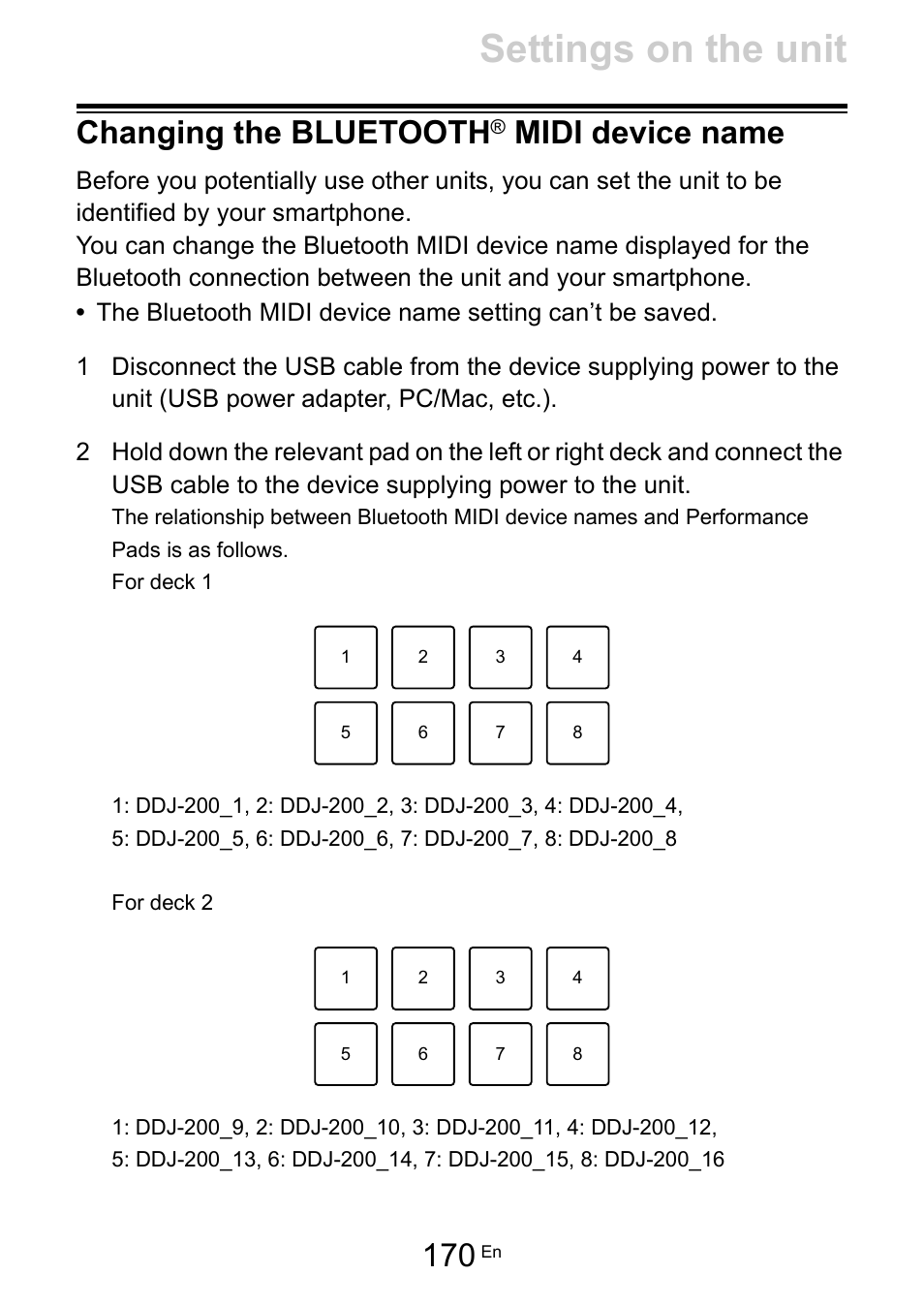 Changing the bluetooth® midi device name, Changing the bluetooth, Midi device name | Settings on the unit | Pioneer Dj DDJ-200 SmDJ Controller for WeDJ and rekordbox User Manual | Page 170 / 181