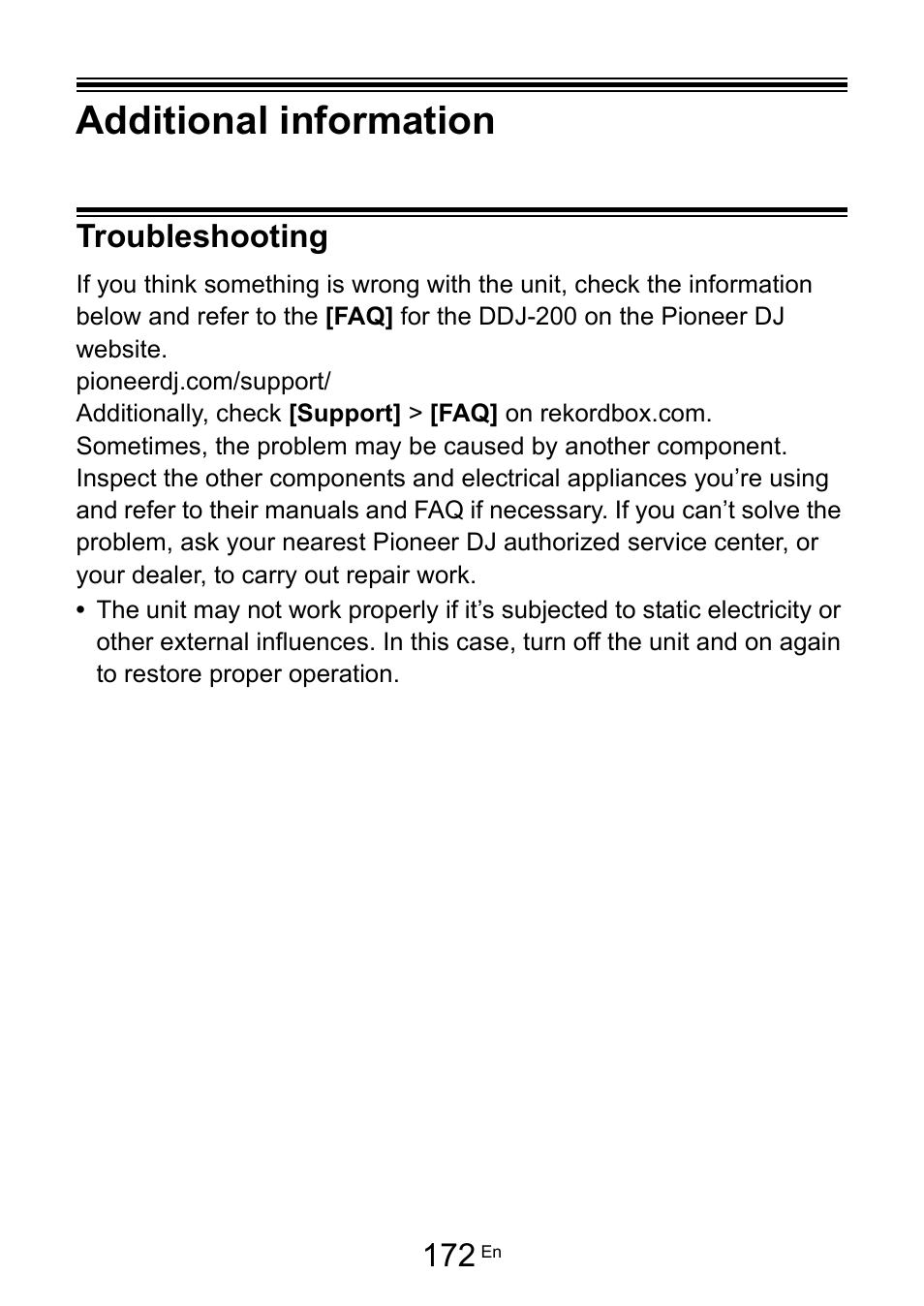Additional information, Troubleshooting | Pioneer Dj DDJ-200 SmDJ Controller for WeDJ and rekordbox User Manual | Page 172 / 181