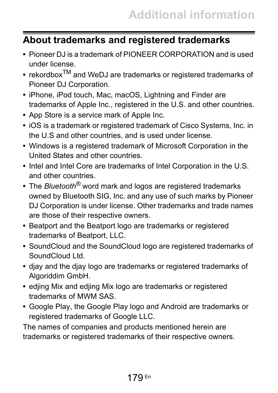 About trademarks and registered trademarks, Additional information | Pioneer Dj DDJ-200 SmDJ Controller for WeDJ and rekordbox User Manual | Page 179 / 181