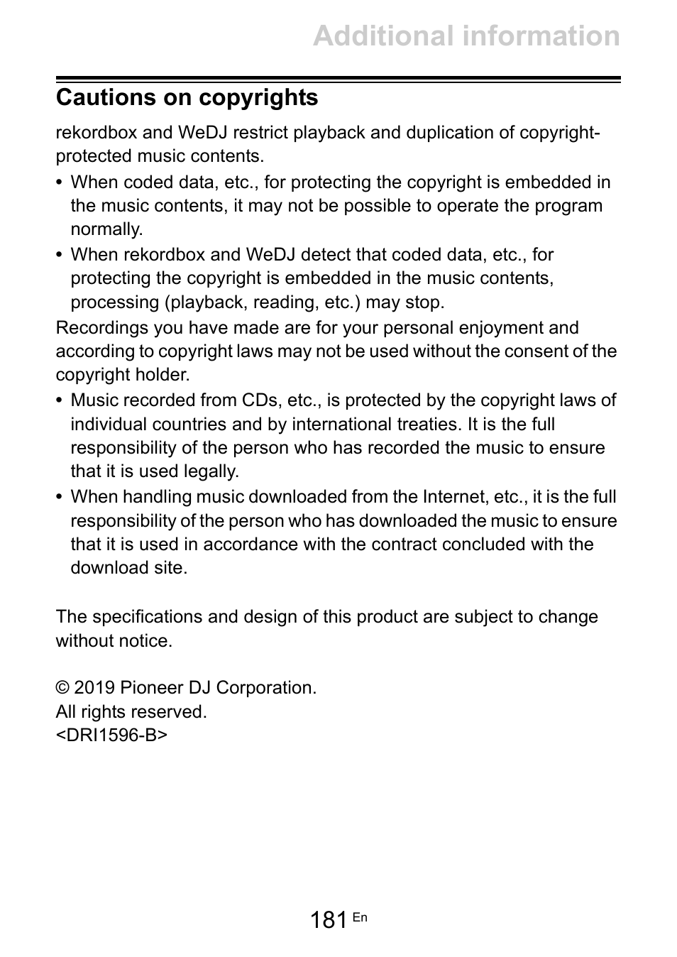 Cautions on copyrights, Additional information | Pioneer Dj DDJ-200 SmDJ Controller for WeDJ and rekordbox User Manual | Page 181 / 181