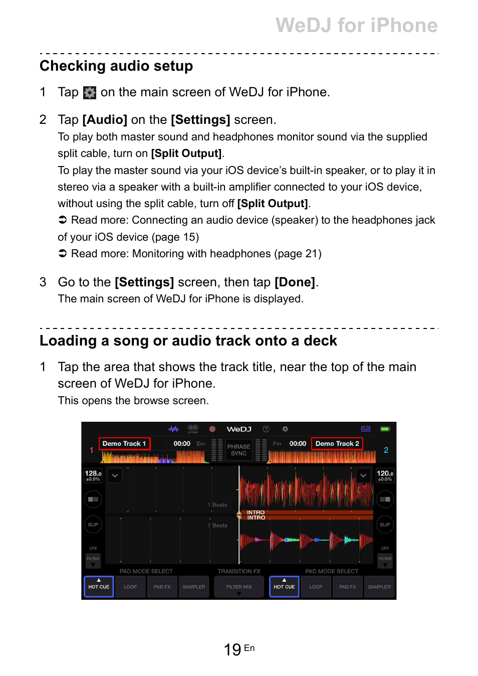 Wedj for iphone, Checking audio setup, Loading a song or audio track onto a deck | Pioneer Dj DDJ-200 SmDJ Controller for WeDJ and rekordbox User Manual | Page 19 / 181