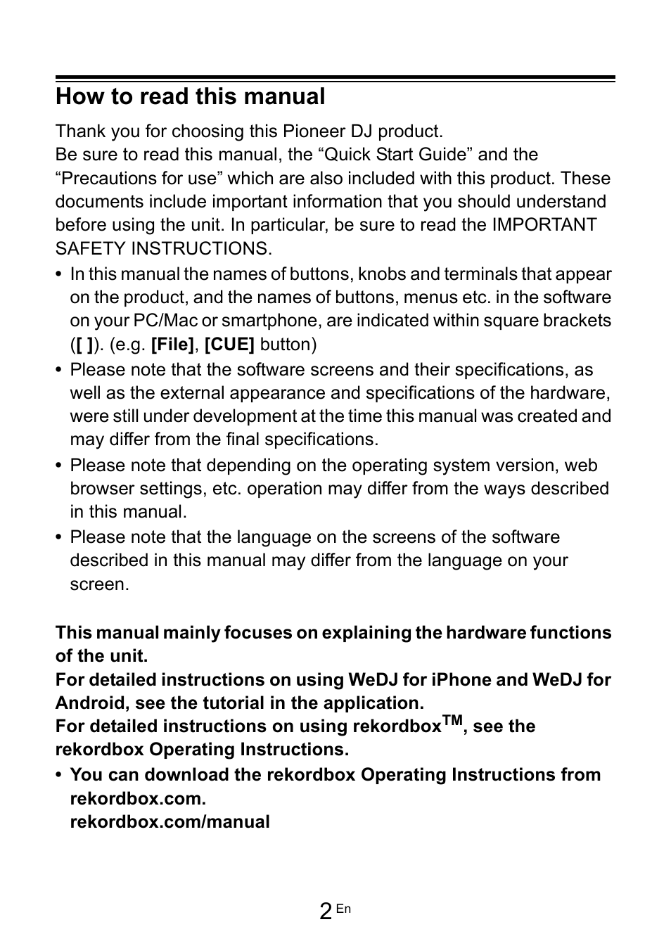 How to read this manual | Pioneer Dj DDJ-200 SmDJ Controller for WeDJ and rekordbox User Manual | Page 2 / 181