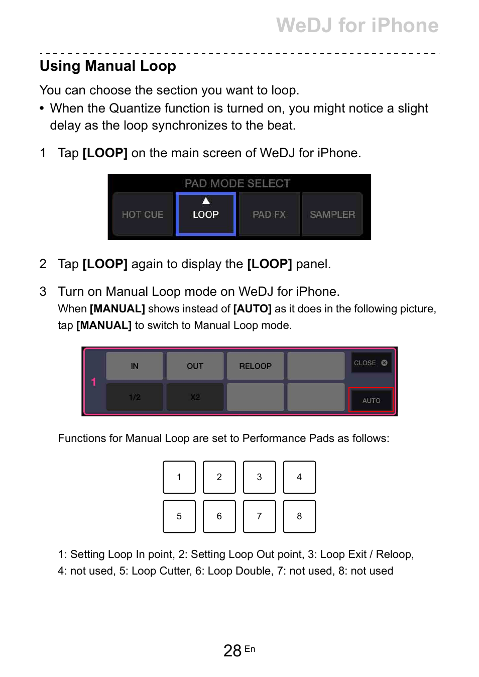 Wedj for iphone, Using manual loop | Pioneer Dj DDJ-200 SmDJ Controller for WeDJ and rekordbox User Manual | Page 28 / 181