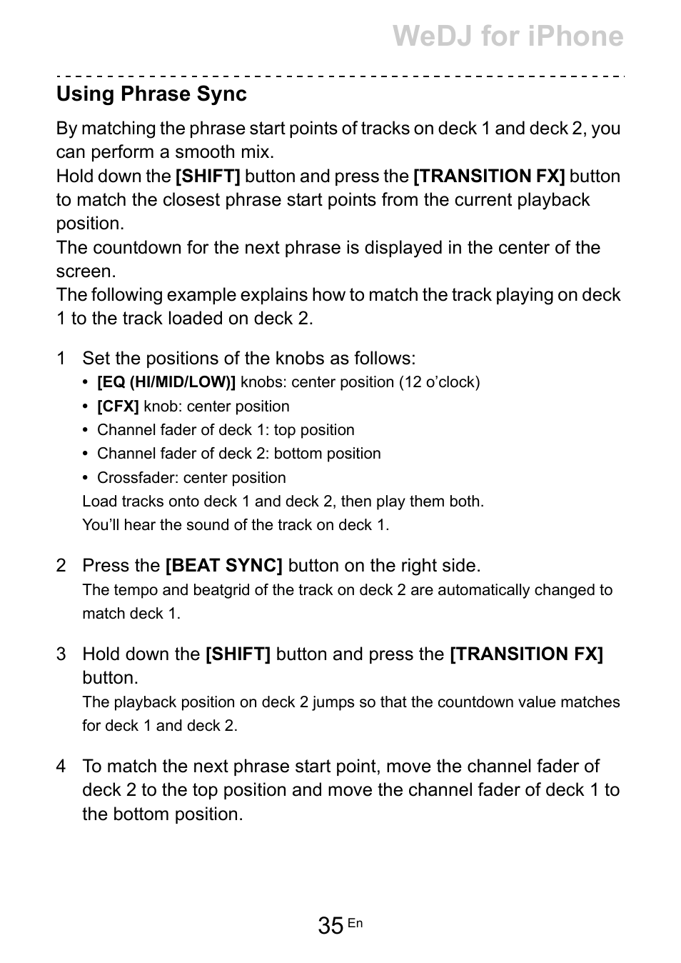 Wedj for iphone, Using phrase sync | Pioneer Dj DDJ-200 SmDJ Controller for WeDJ and rekordbox User Manual | Page 35 / 181