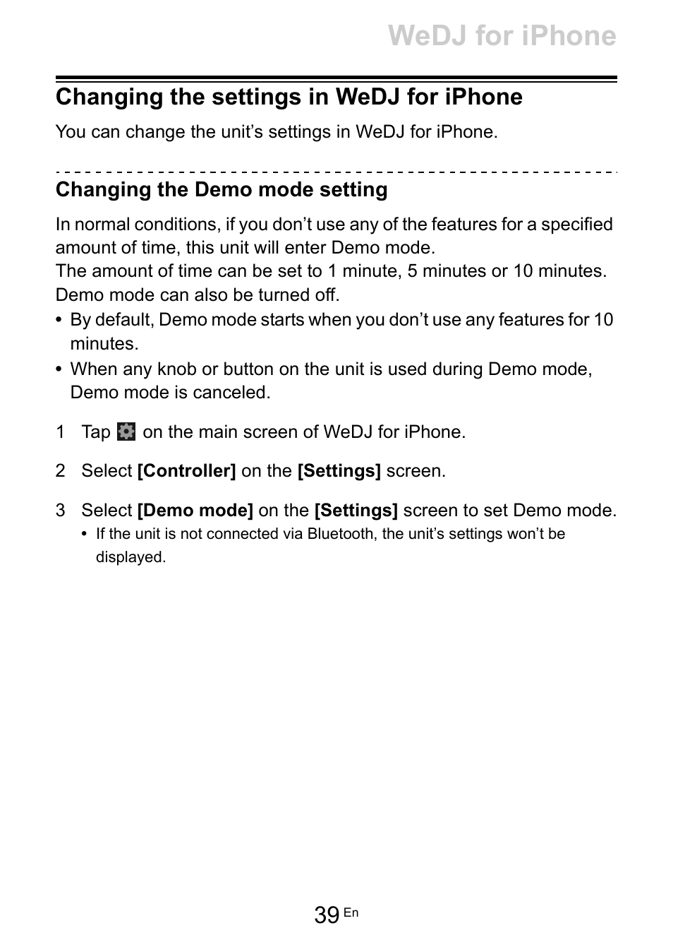 Changing the settings in wedj for iphone, Wedj for iphone | Pioneer Dj DDJ-200 SmDJ Controller for WeDJ and rekordbox User Manual | Page 39 / 181