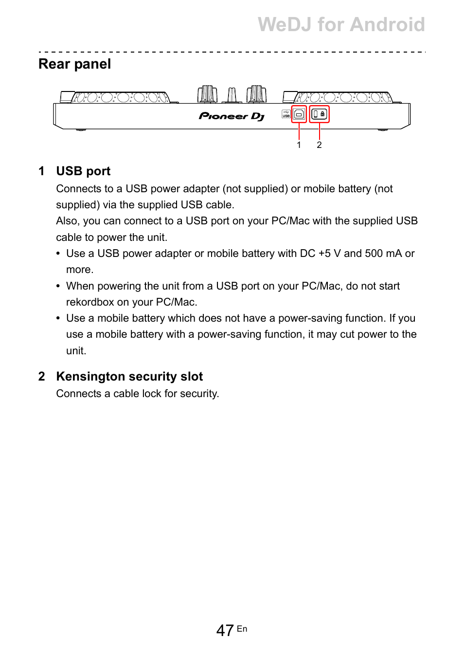 Wedj for android, Rear panel | Pioneer Dj DDJ-200 SmDJ Controller for WeDJ and rekordbox User Manual | Page 47 / 181