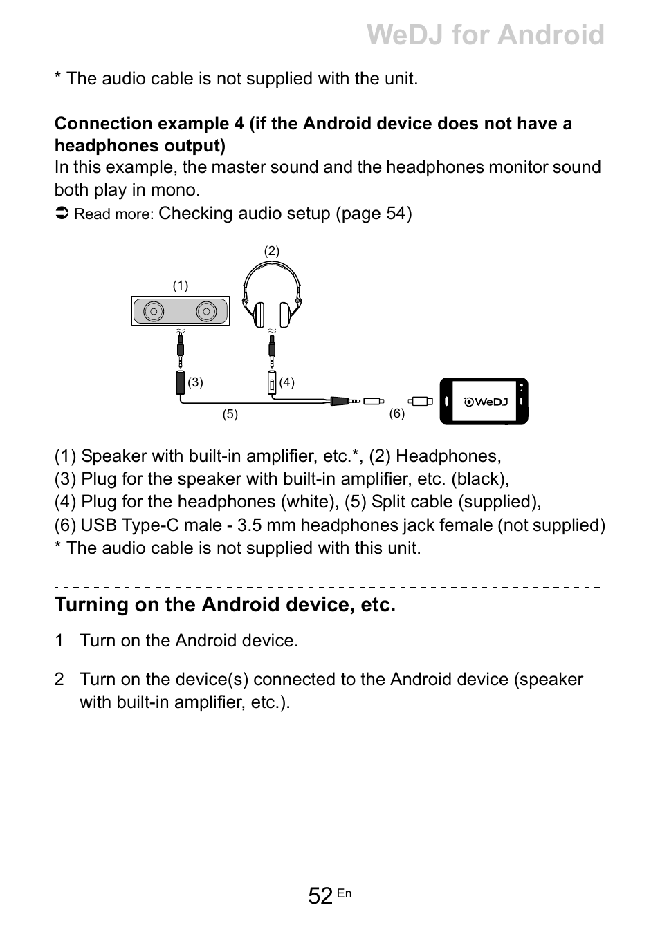 Wedj for android, Turning on the android device, etc | Pioneer Dj DDJ-200 SmDJ Controller for WeDJ and rekordbox User Manual | Page 52 / 181