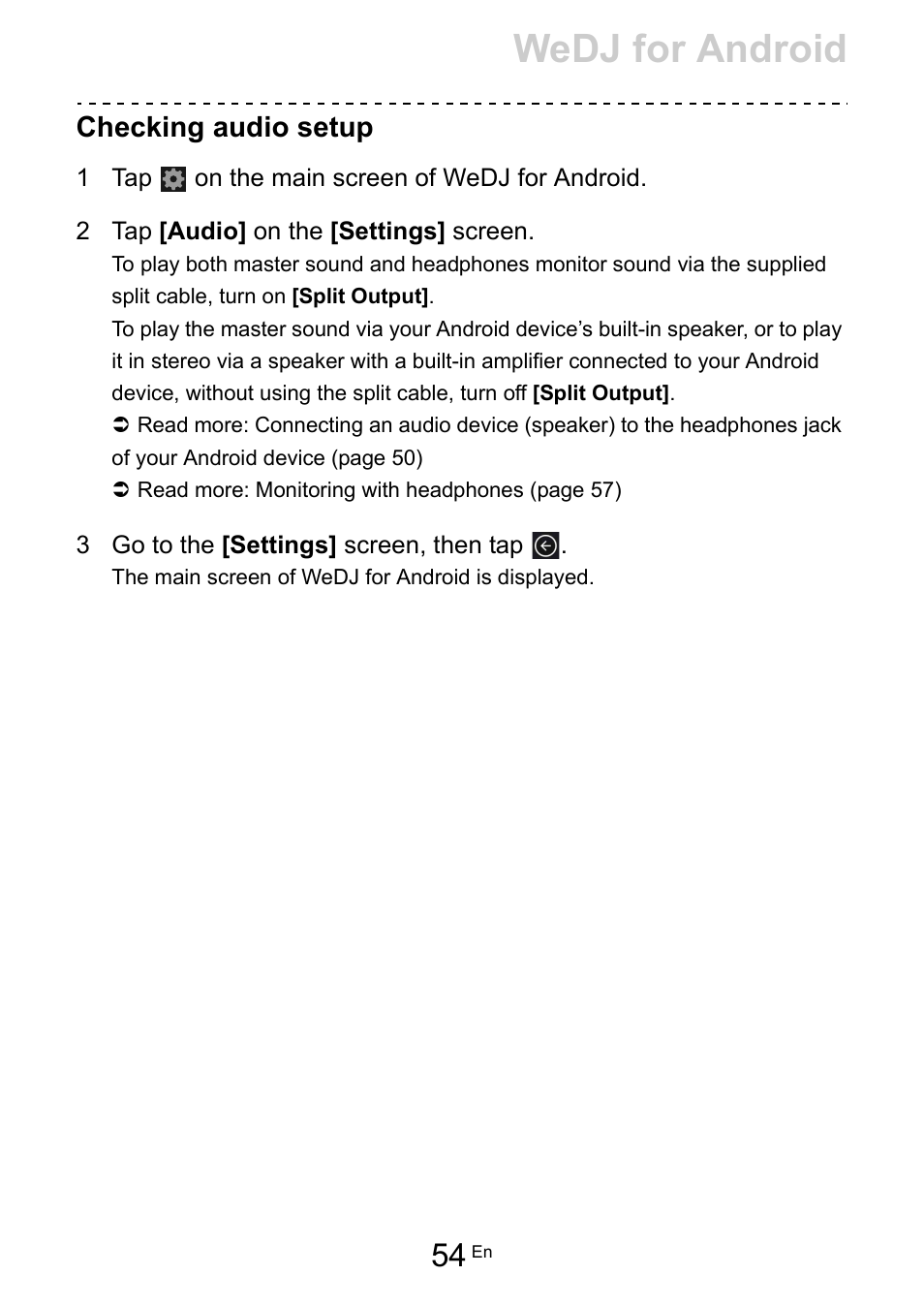 Wedj for android, Checking audio setup | Pioneer Dj DDJ-200 SmDJ Controller for WeDJ and rekordbox User Manual | Page 54 / 181