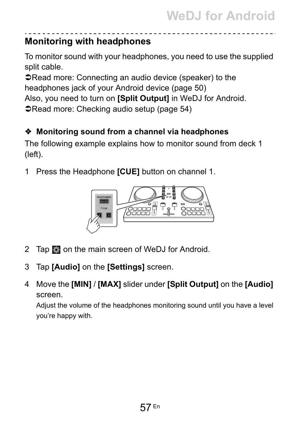 Wedj for android, Monitoring with headphones | Pioneer Dj DDJ-200 SmDJ Controller for WeDJ and rekordbox User Manual | Page 57 / 181