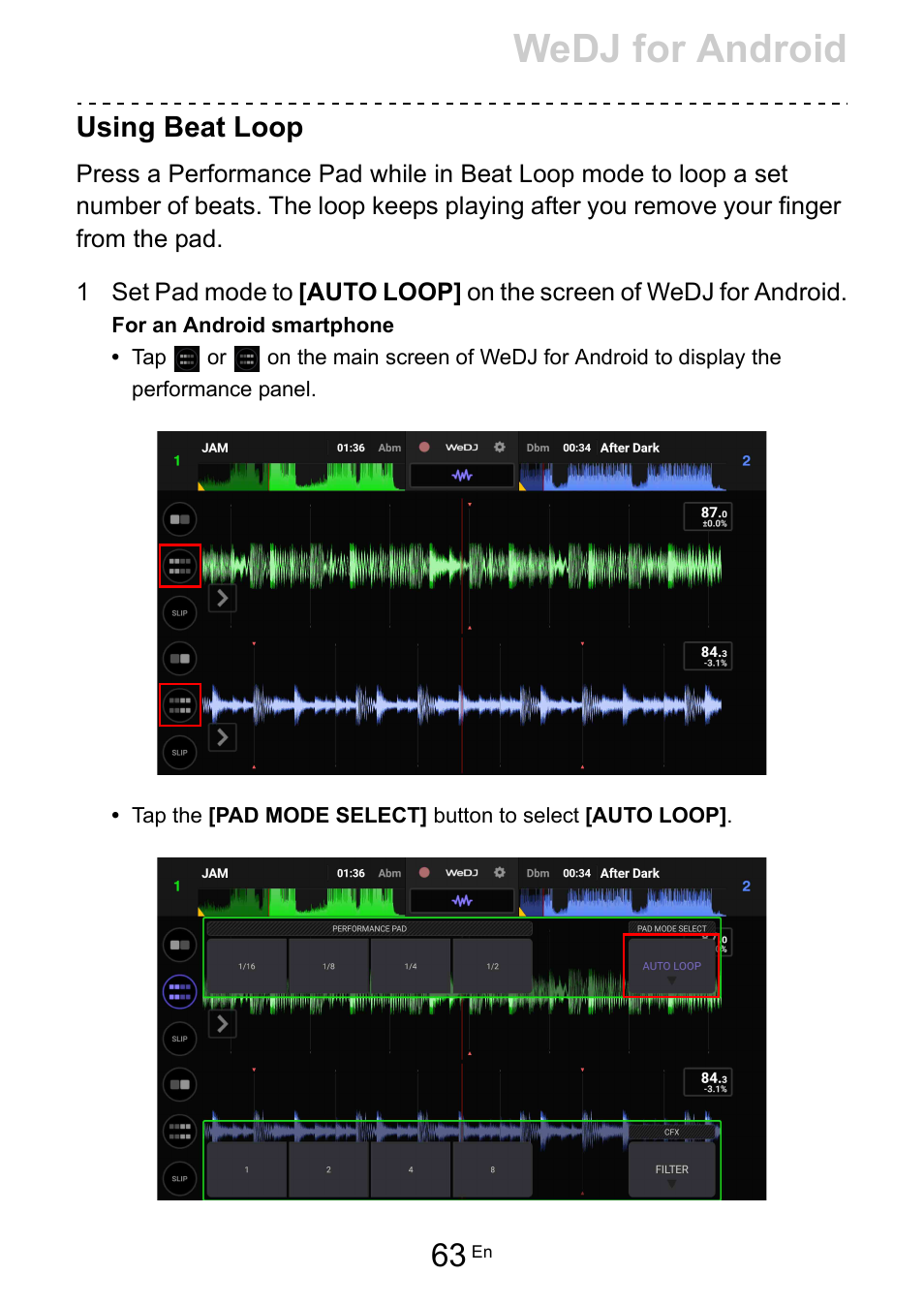 Wedj for android, Using beat loop | Pioneer Dj DDJ-200 SmDJ Controller for WeDJ and rekordbox User Manual | Page 63 / 181