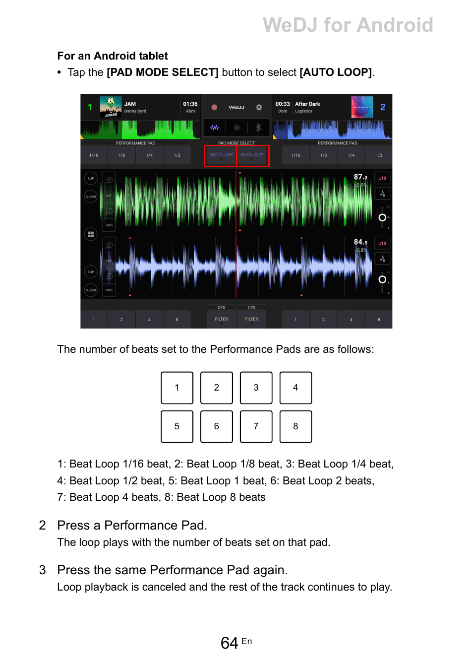 Wedj for android | Pioneer Dj DDJ-200 SmDJ Controller for WeDJ and rekordbox User Manual | Page 64 / 181