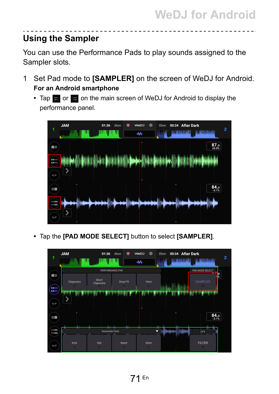 Wedj for android, Using the sampler | Pioneer Dj DDJ-200 SmDJ Controller for WeDJ and rekordbox User Manual | Page 71 / 181