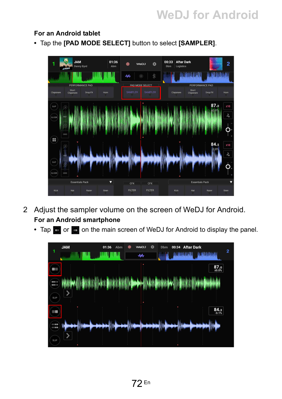 Wedj for android | Pioneer Dj DDJ-200 SmDJ Controller for WeDJ and rekordbox User Manual | Page 72 / 181