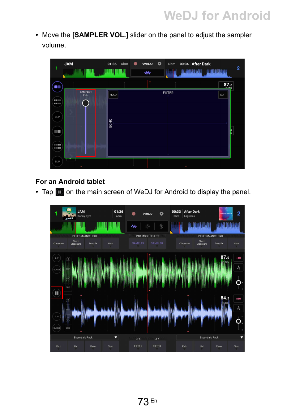 Wedj for android | Pioneer Dj DDJ-200 SmDJ Controller for WeDJ and rekordbox User Manual | Page 73 / 181