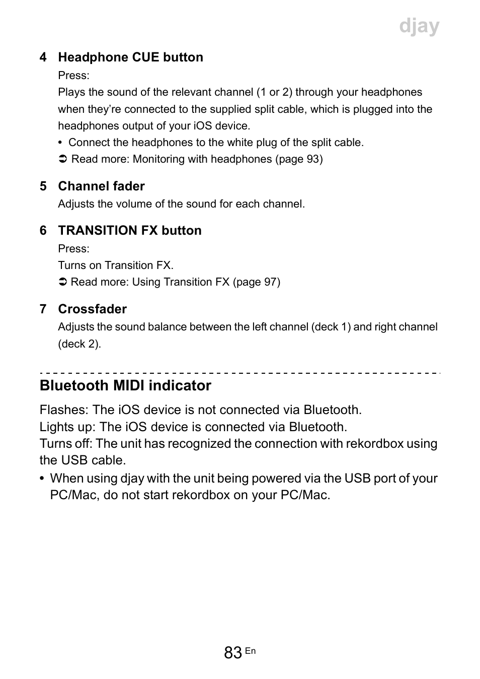 Djay, Bluetooth midi indicator | Pioneer Dj DDJ-200 SmDJ Controller for WeDJ and rekordbox User Manual | Page 83 / 181