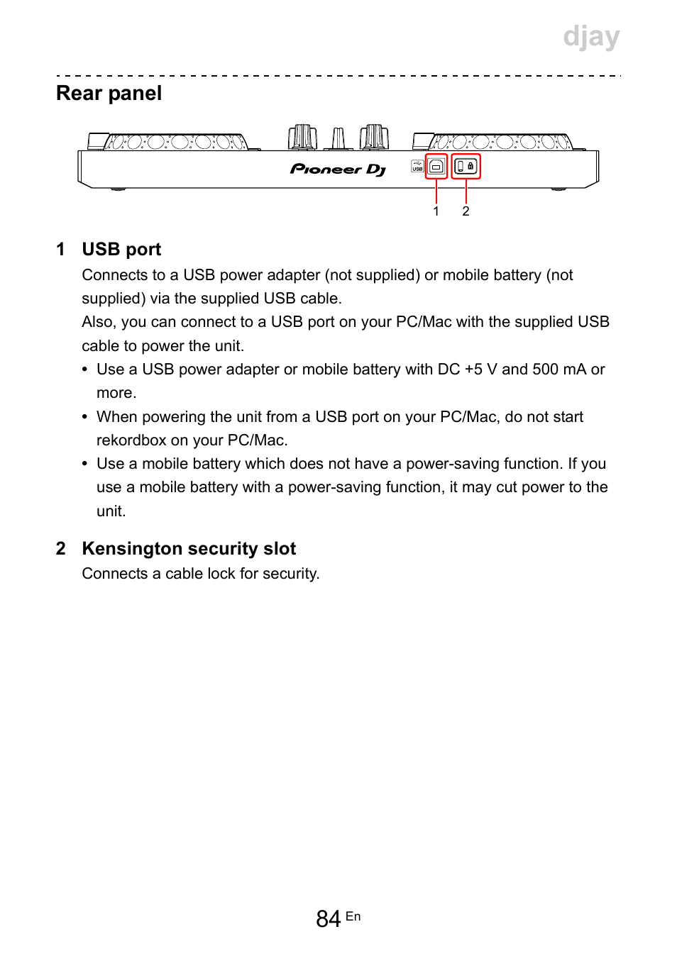 Djay, Rear panel | Pioneer Dj DDJ-200 SmDJ Controller for WeDJ and rekordbox User Manual | Page 84 / 181