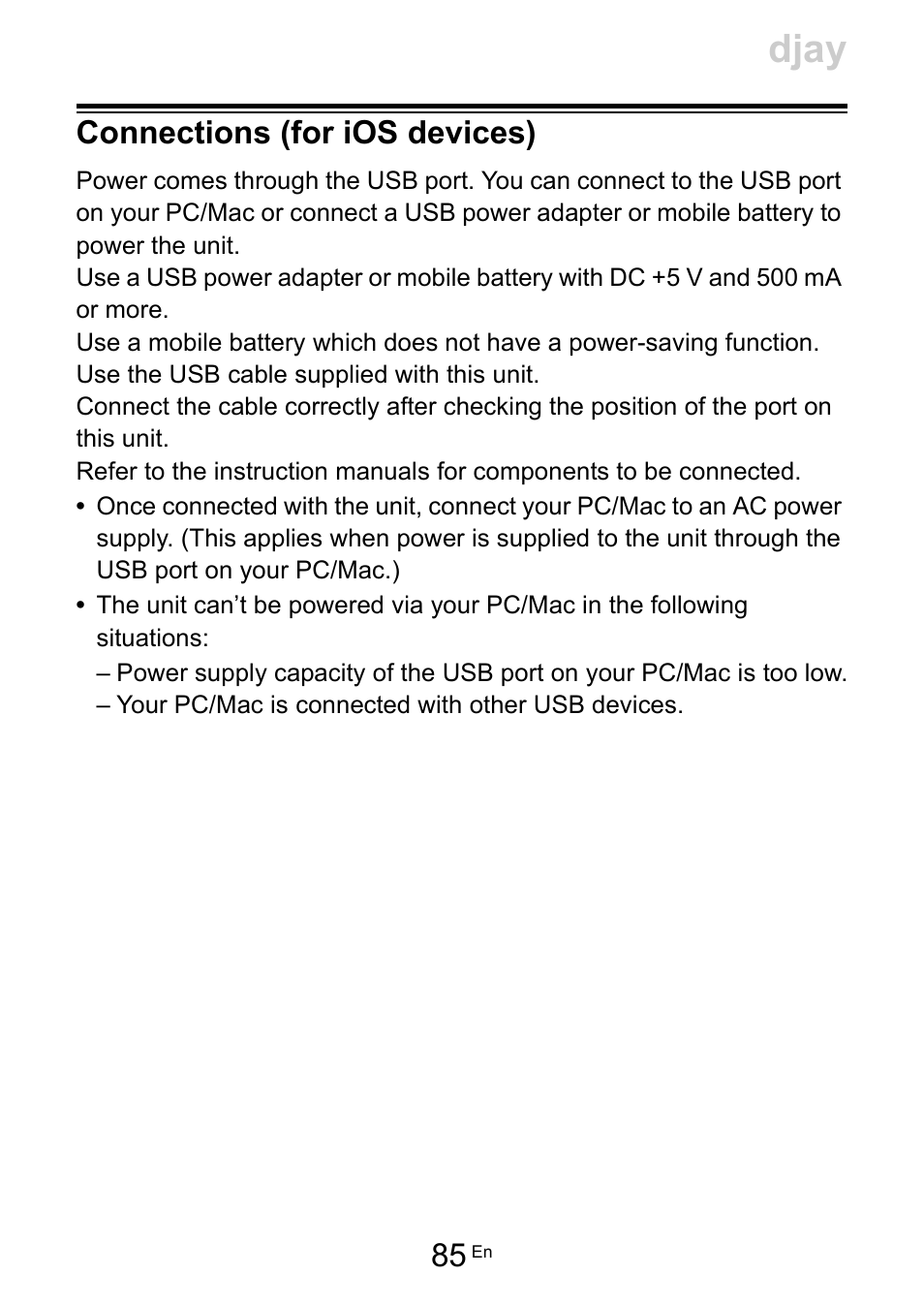 Connections (for ios devices), Djay | Pioneer Dj DDJ-200 SmDJ Controller for WeDJ and rekordbox User Manual | Page 85 / 181