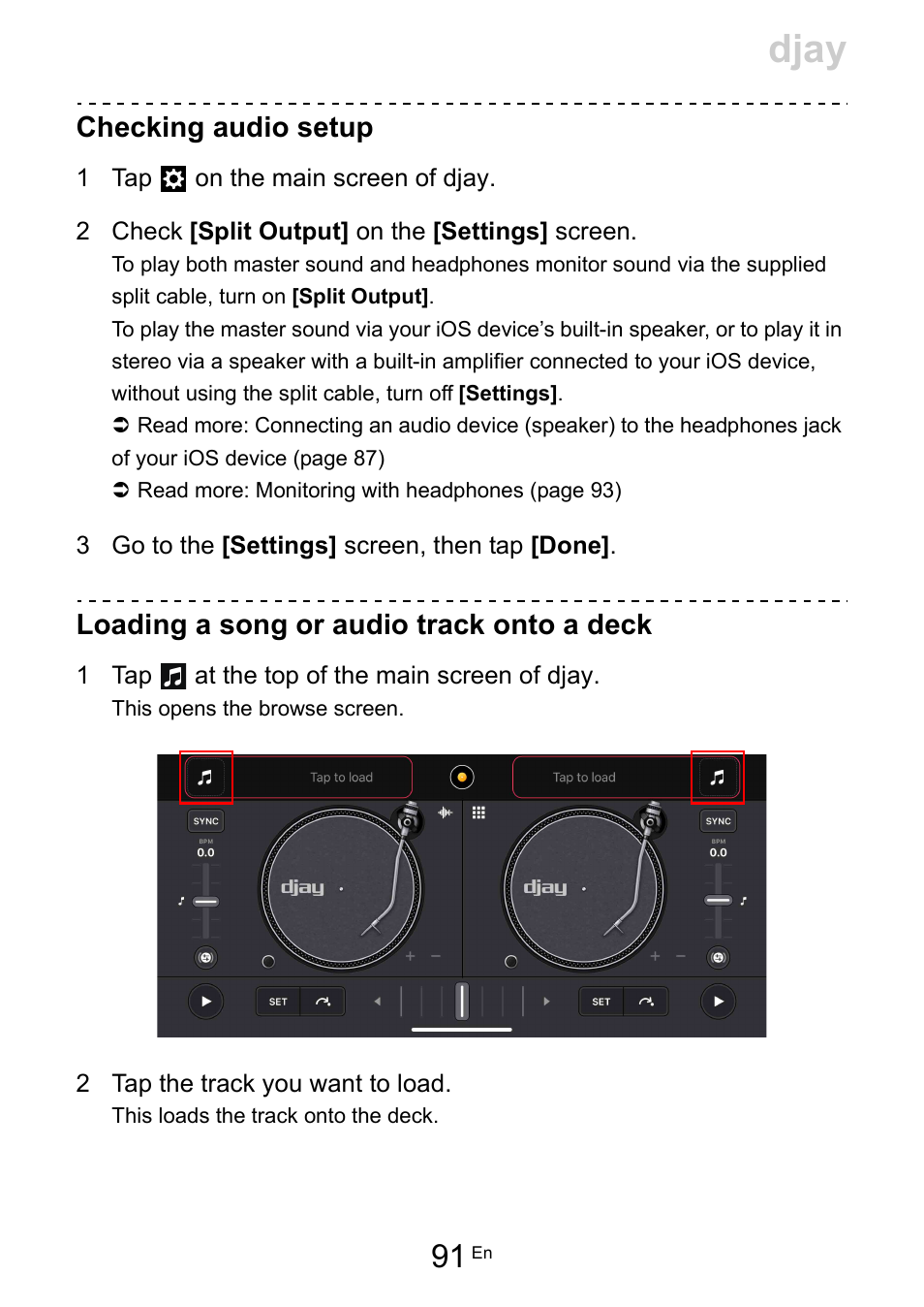 Djay, Checking audio setup, Loading a song or audio track onto a deck | Pioneer Dj DDJ-200 SmDJ Controller for WeDJ and rekordbox User Manual | Page 91 / 181