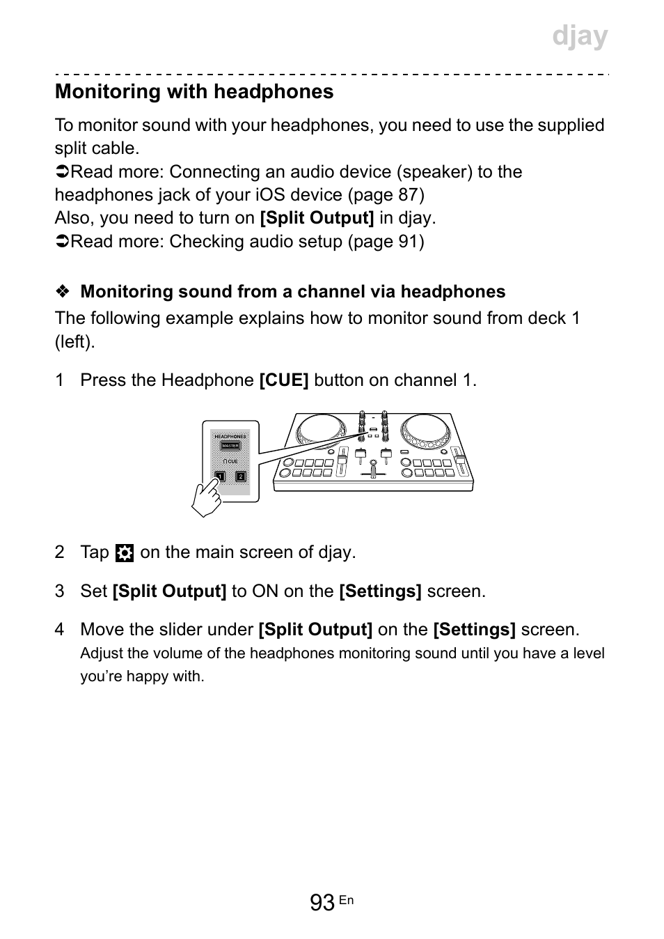 Djay, Monitoring with headphones | Pioneer Dj DDJ-200 SmDJ Controller for WeDJ and rekordbox User Manual | Page 93 / 181