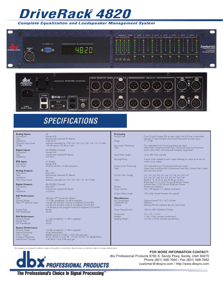 The professional’s choice in signal processing, A harman international company | dbx Pro 4820 User Manual | Page 2 / 2
