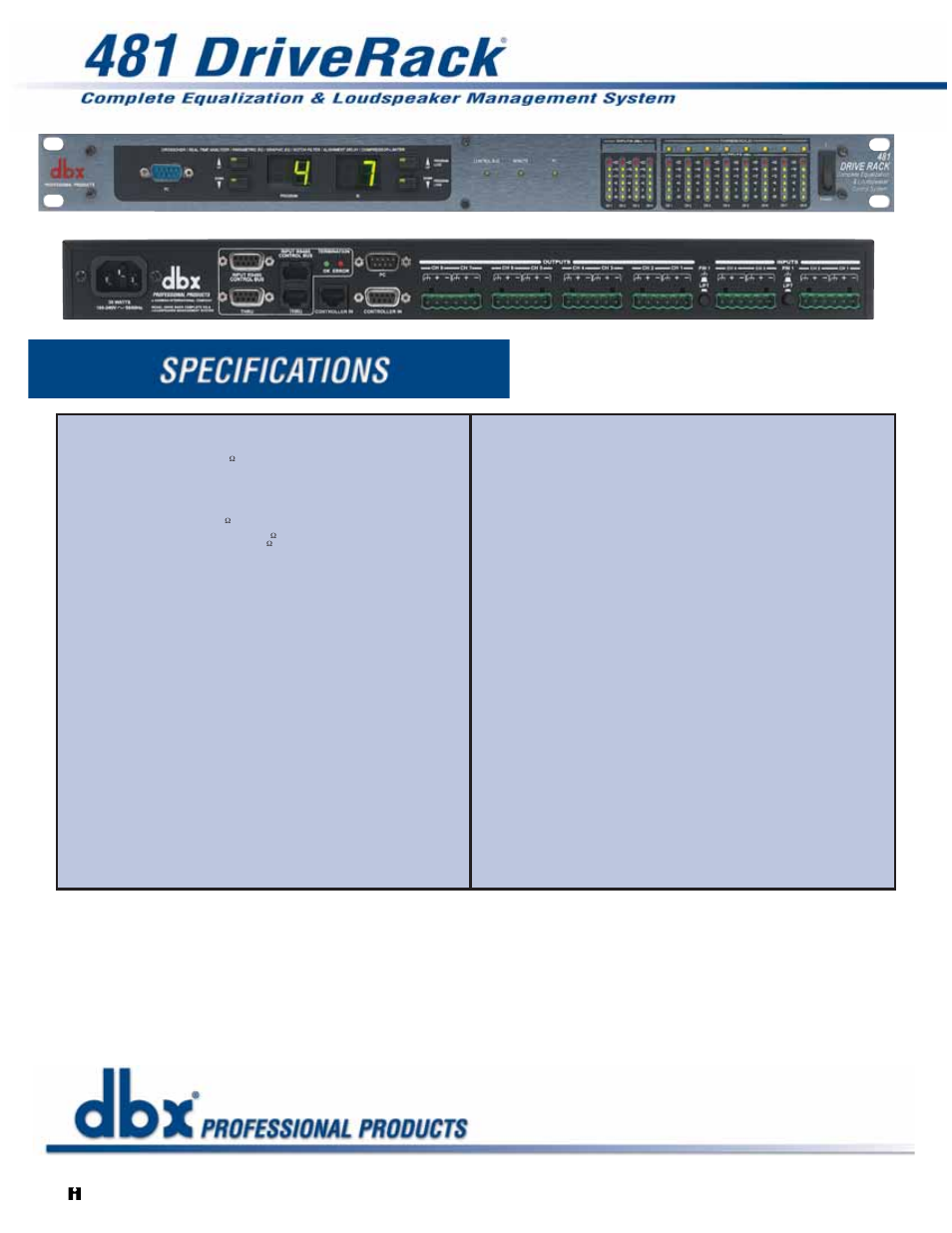 The professional’s choice in signal processing, A harman international company | dbx Pro 481 DriveRack User Manual | Page 2 / 2