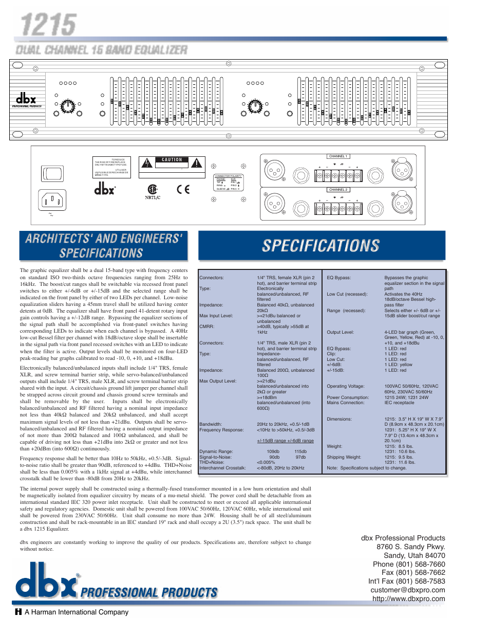 Dual vacuum tube preamp type iv™ conversion system, Dual channel 15 band equalizer, A harman international company | dbx Pro 1215 User Manual | Page 2 / 2