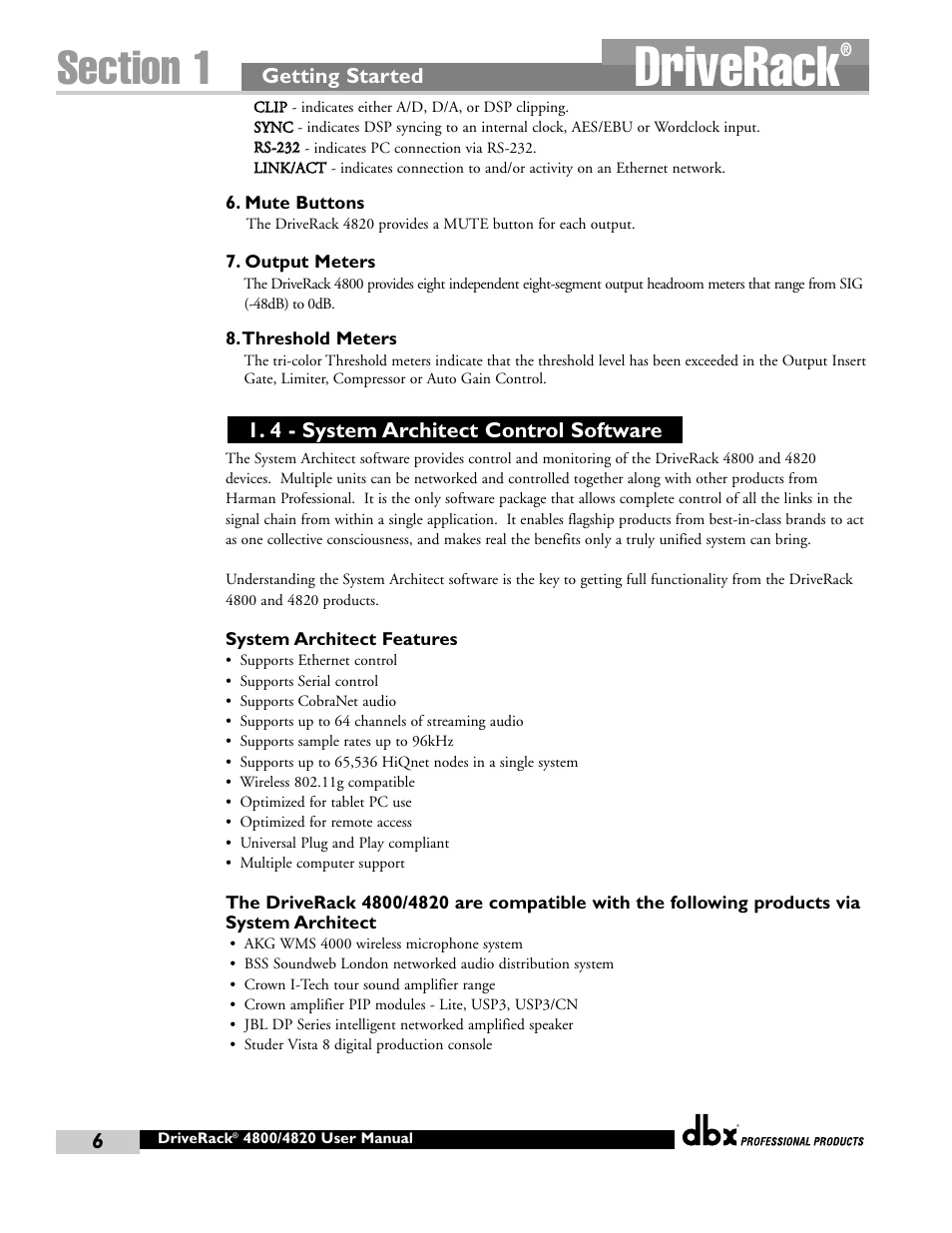 Driverack, Getting started, 4 - system architect control software | dbx Pro 4800 User Manual | Page 16 / 96
