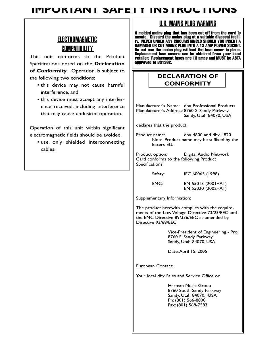 Important safety instructions, U.k. mains plug warning, Electromagnetic compatibility | dbx Pro 4800 User Manual | Page 3 / 96