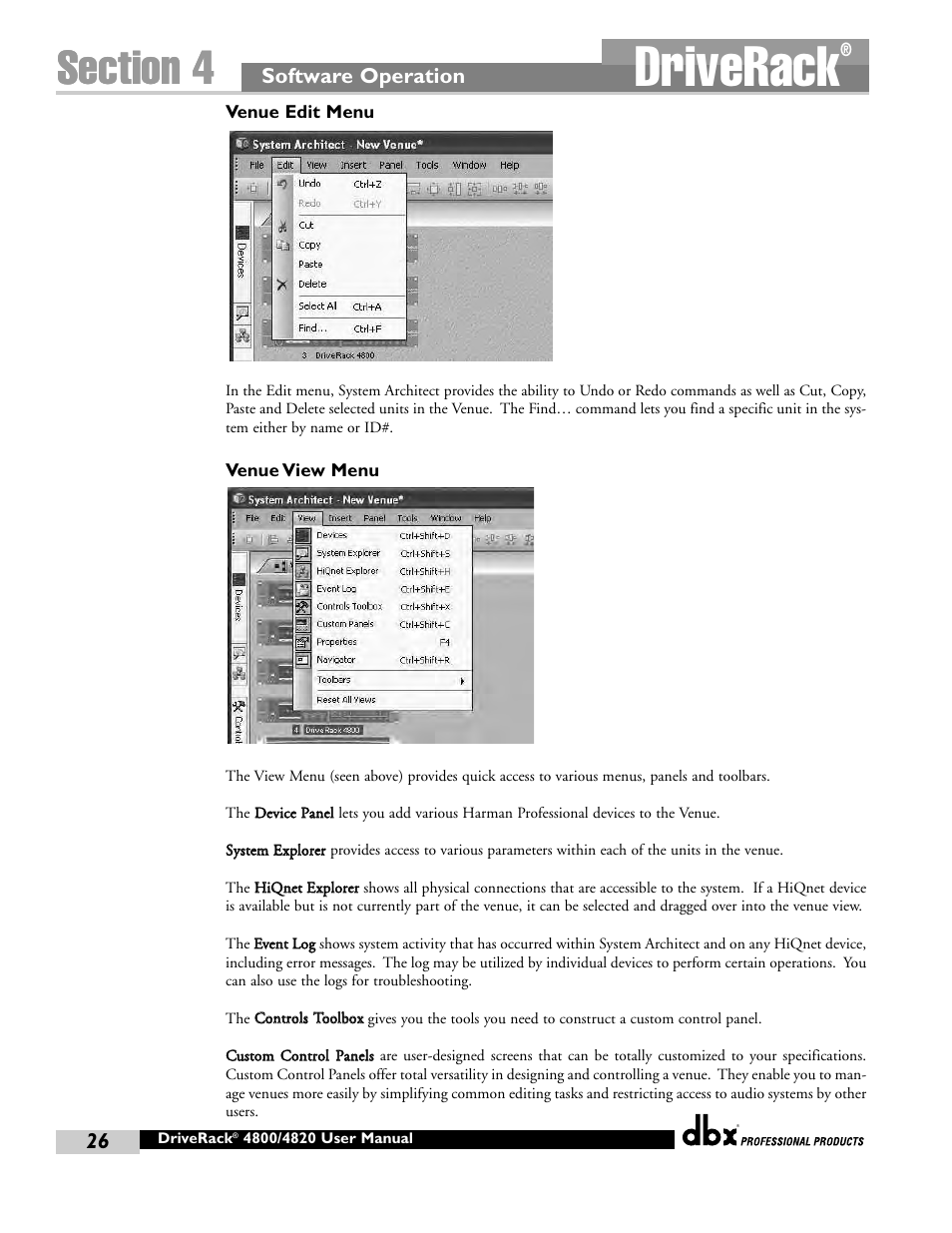 Driverack, Software operation | dbx Pro 4800 User Manual | Page 36 / 96