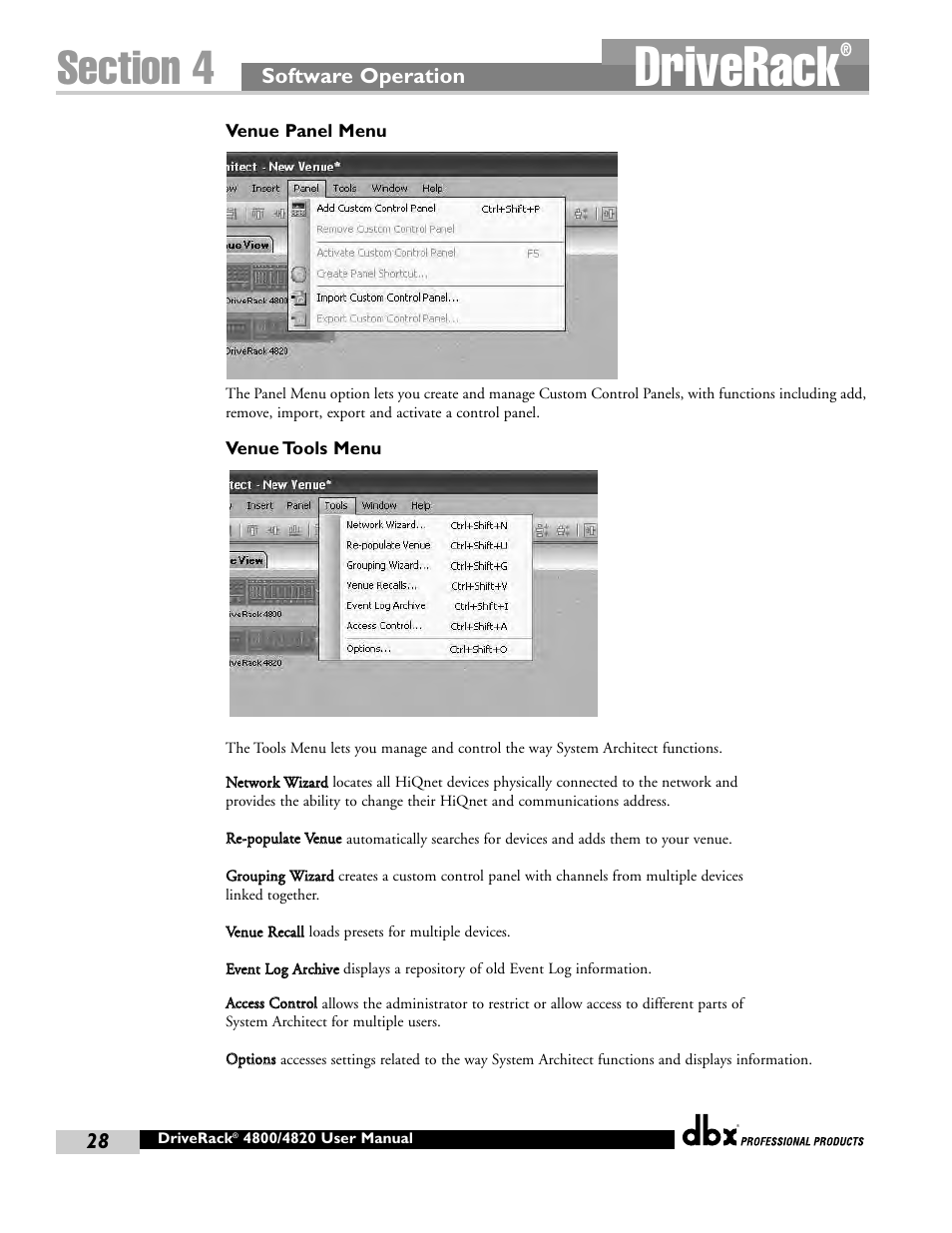 Driverack, Software operation | dbx Pro 4800 User Manual | Page 38 / 96