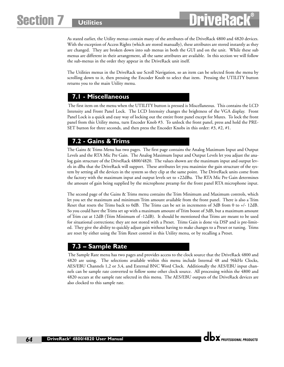 Driverack | dbx Pro 4800 User Manual | Page 74 / 96