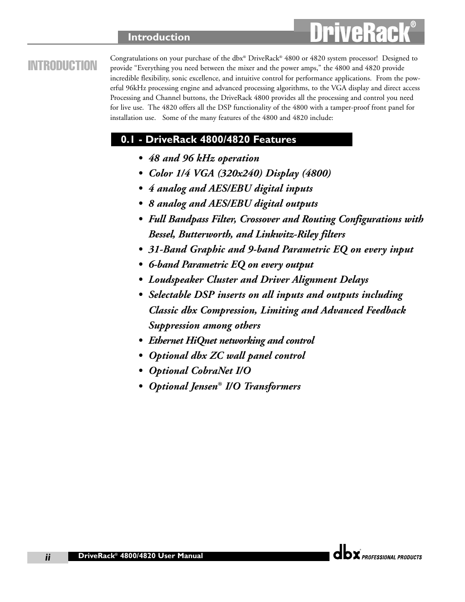 Driverack, Introduction | dbx Pro 4800 User Manual | Page 8 / 96