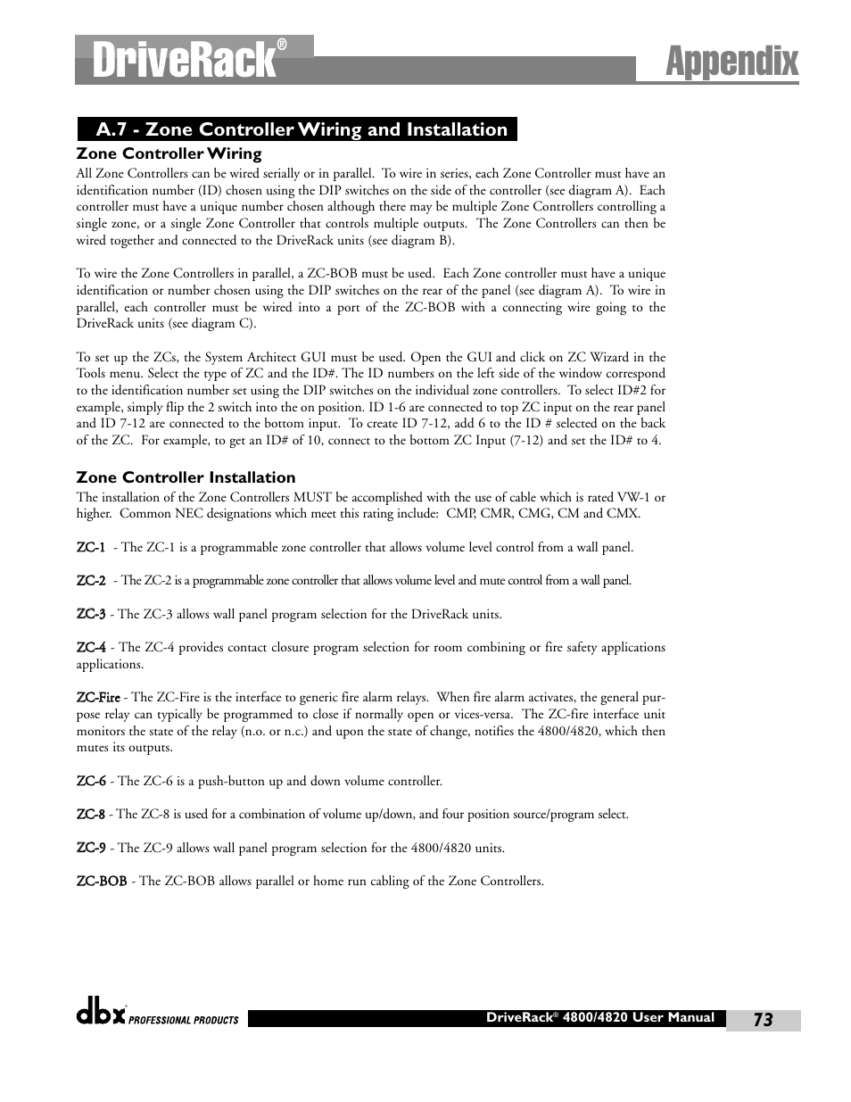 Driverack, Appendix, A.7 - zone controller wiring and installation | dbx Pro 4800 User Manual | Page 83 / 96