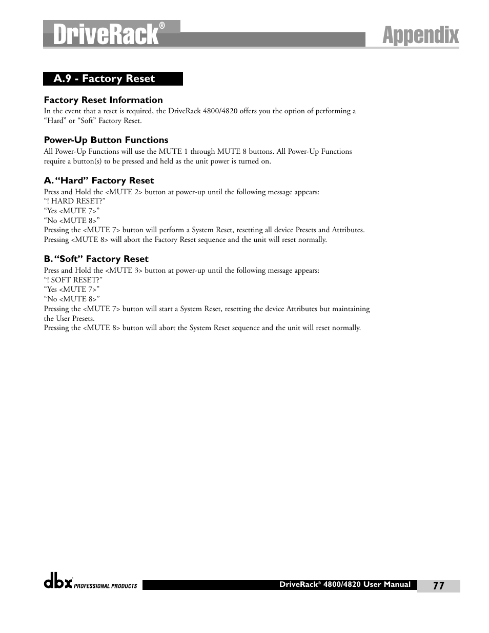 Driverack, Appendix | dbx Pro 4800 User Manual | Page 87 / 96