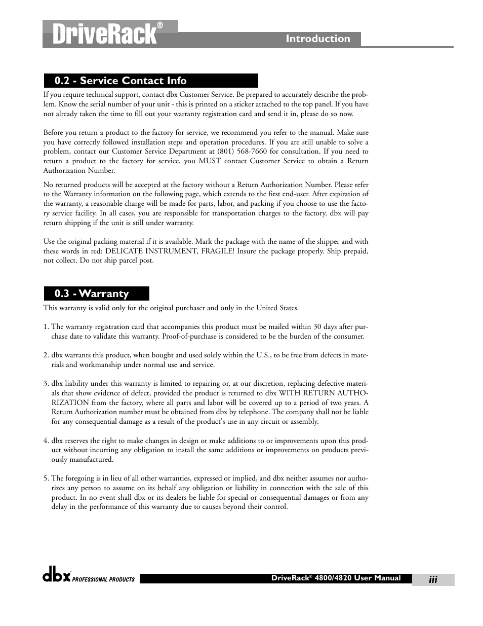 Driverack, 3 - warranty 0.2 - service contact info, Introduction | dbx Pro 4800 User Manual | Page 9 / 96