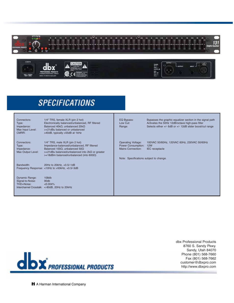 The professional’s choice in signal processing | dbx Pro Single Channel 31-Band Graphic Equalizer 131 User Manual | Page 2 / 2