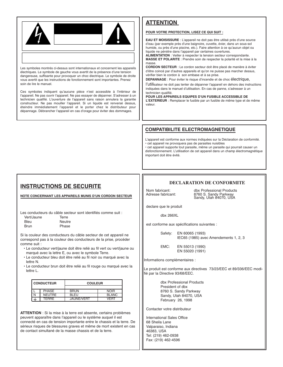 Attention, Instructions de securite | dbx Pro 266XL User Manual | Page 12 / 44