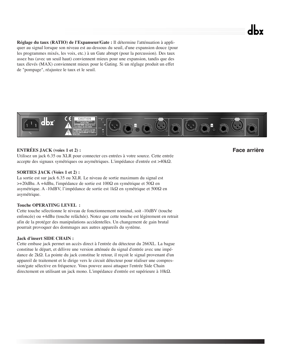 266xl, Compressor / gate, Face arri•re | dbx Pro 266XL User Manual | Page 18 / 44