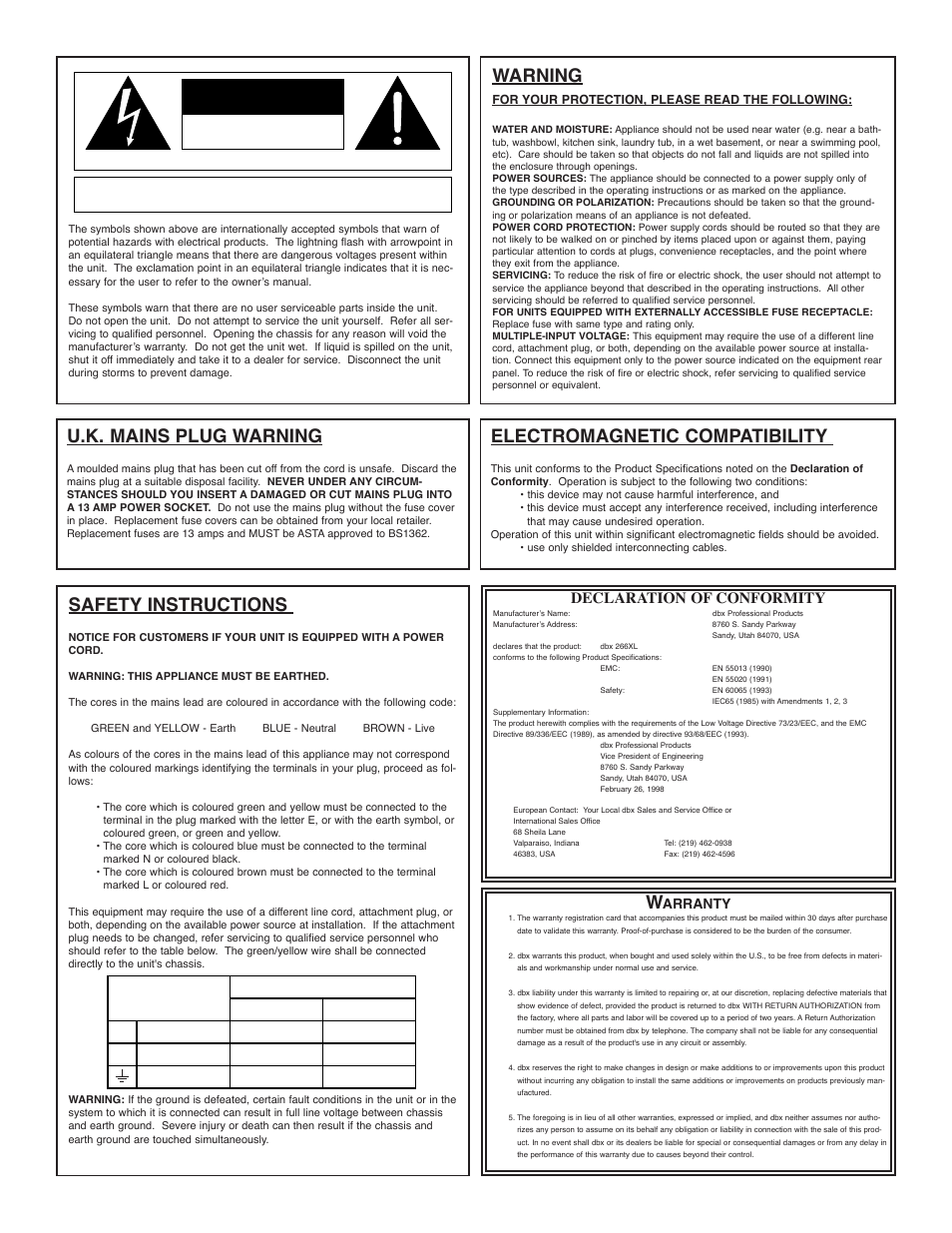 Warning, Safety instructions, U.k. mains plug warning | Electromagnetic compatibility, Declaration of conformity, Arranty | dbx Pro 266XL User Manual | Page 2 / 44