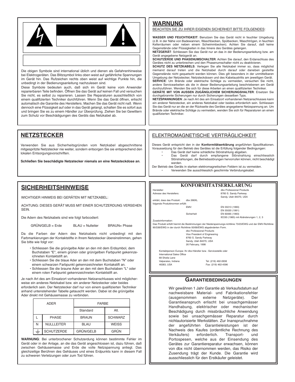 Warnung, Sicherheitshinweise, Netzstecker | Elektromagnetische vertr€glichkeit, Konformit€tserkl€rung, Arantiebedingungen | dbx Pro 266XL User Manual | Page 22 / 44