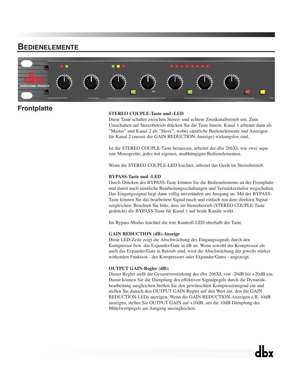 266xl, Compressor / gate, Edienelemente frontplatte | Channel one | dbx Pro 266XL User Manual | Page 25 / 44