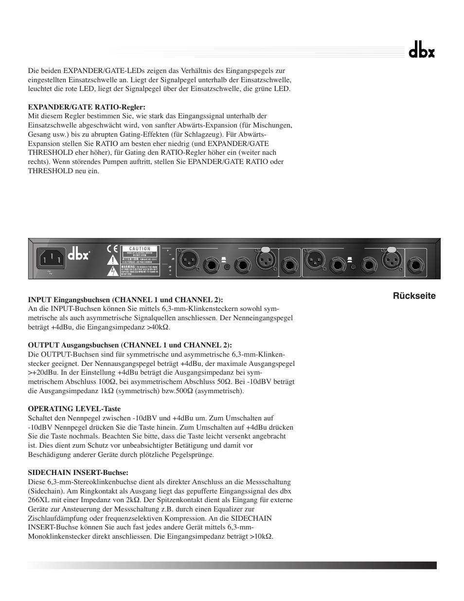 266xl, Compressor / gate, Rÿckseite | dbx Pro 266XL User Manual | Page 28 / 44