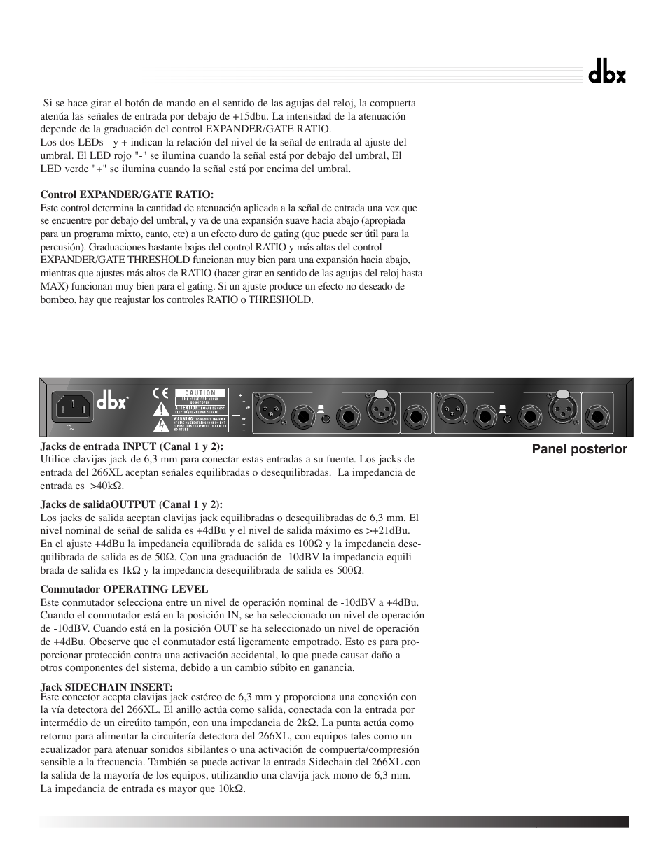 266xl, Compressor / gate, Panel posterior | dbx Pro 266XL User Manual | Page 38 / 44