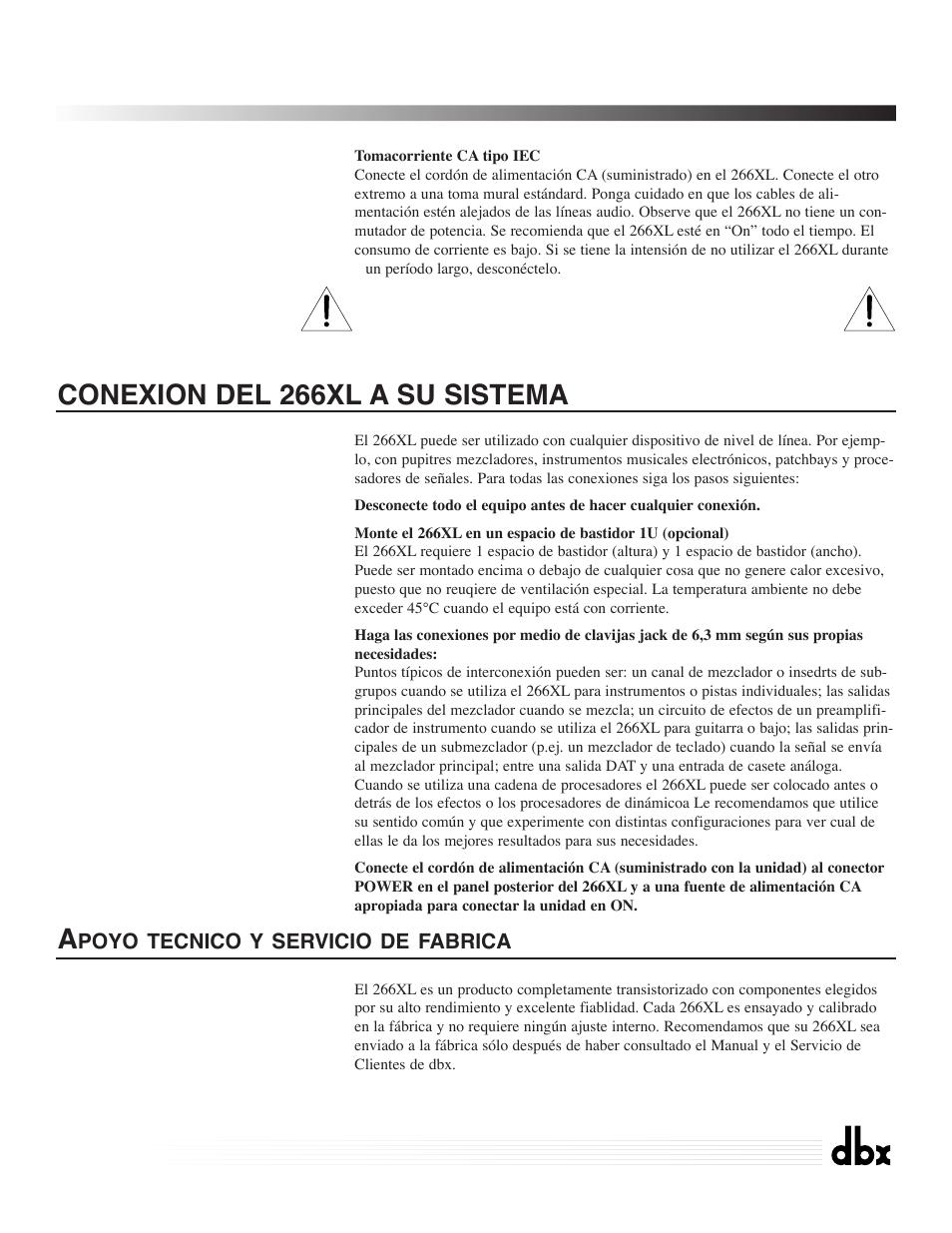 266xl, Compressor / gate, Conexion del 266xl a su sistema a | dbx Pro 266XL User Manual | Page 39 / 44