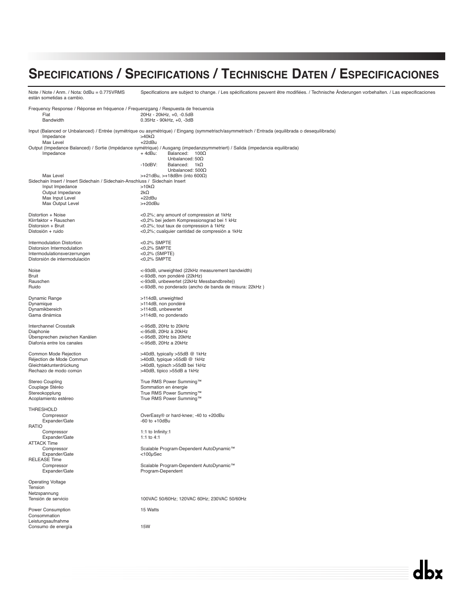 266xl, Compressor / gate, Pecifications | Echnische, Aten, Specificaciones | dbx Pro 266XL User Manual | Page 41 / 44