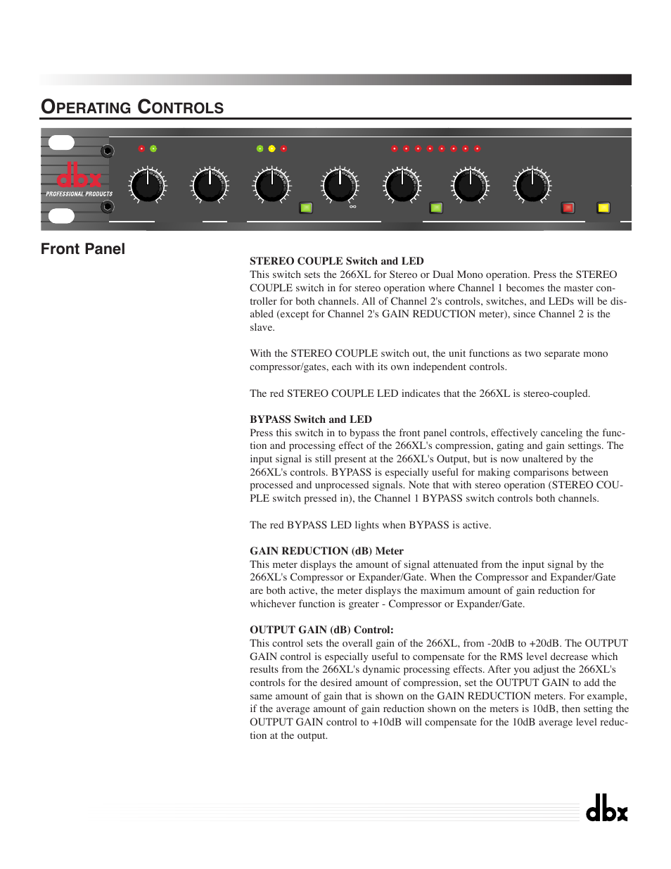 266xl, Compressor / gate, Perating | Ontrols front panel, Channel one | dbx Pro 266XL User Manual | Page 5 / 44